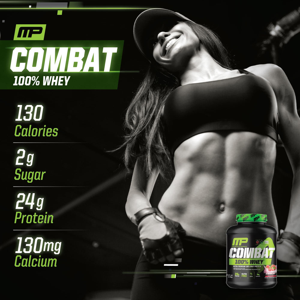 MusclePharm Combat Whey Strawberry Cream gluten-free badge signals clean ingredients