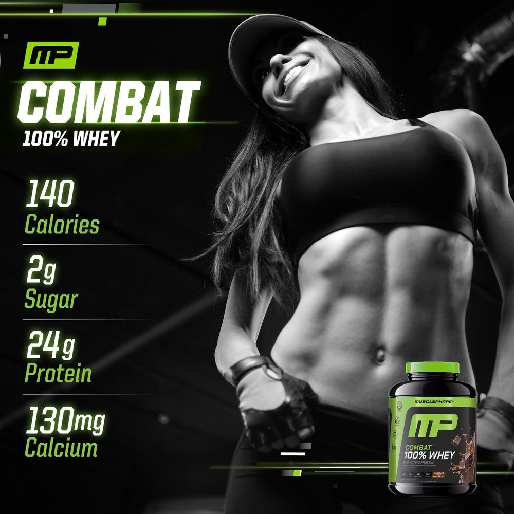 Gluten-free badge on MusclePharm Combat whey packaging.