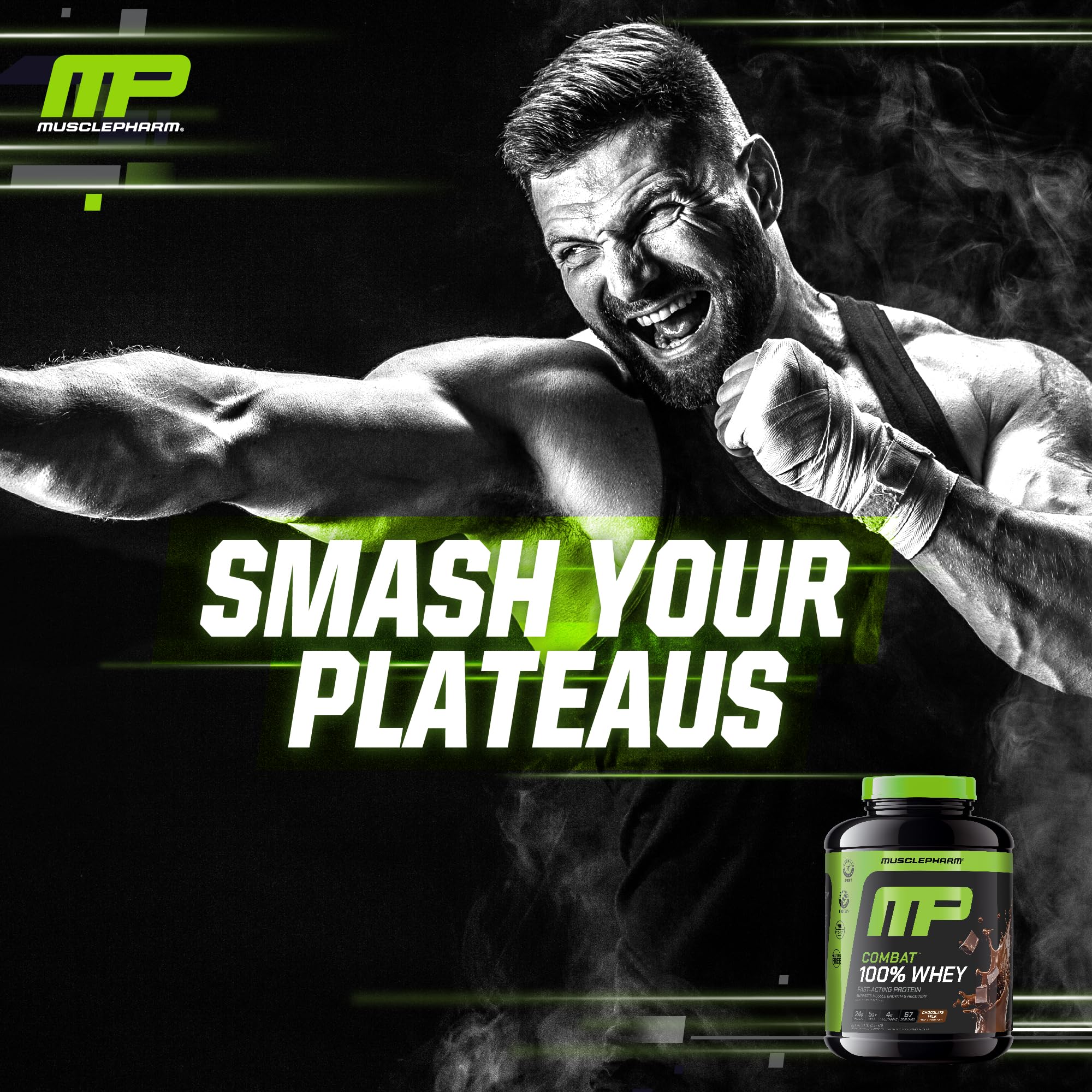 Informed-Choice badge on MusclePharm Combat whey packaging.