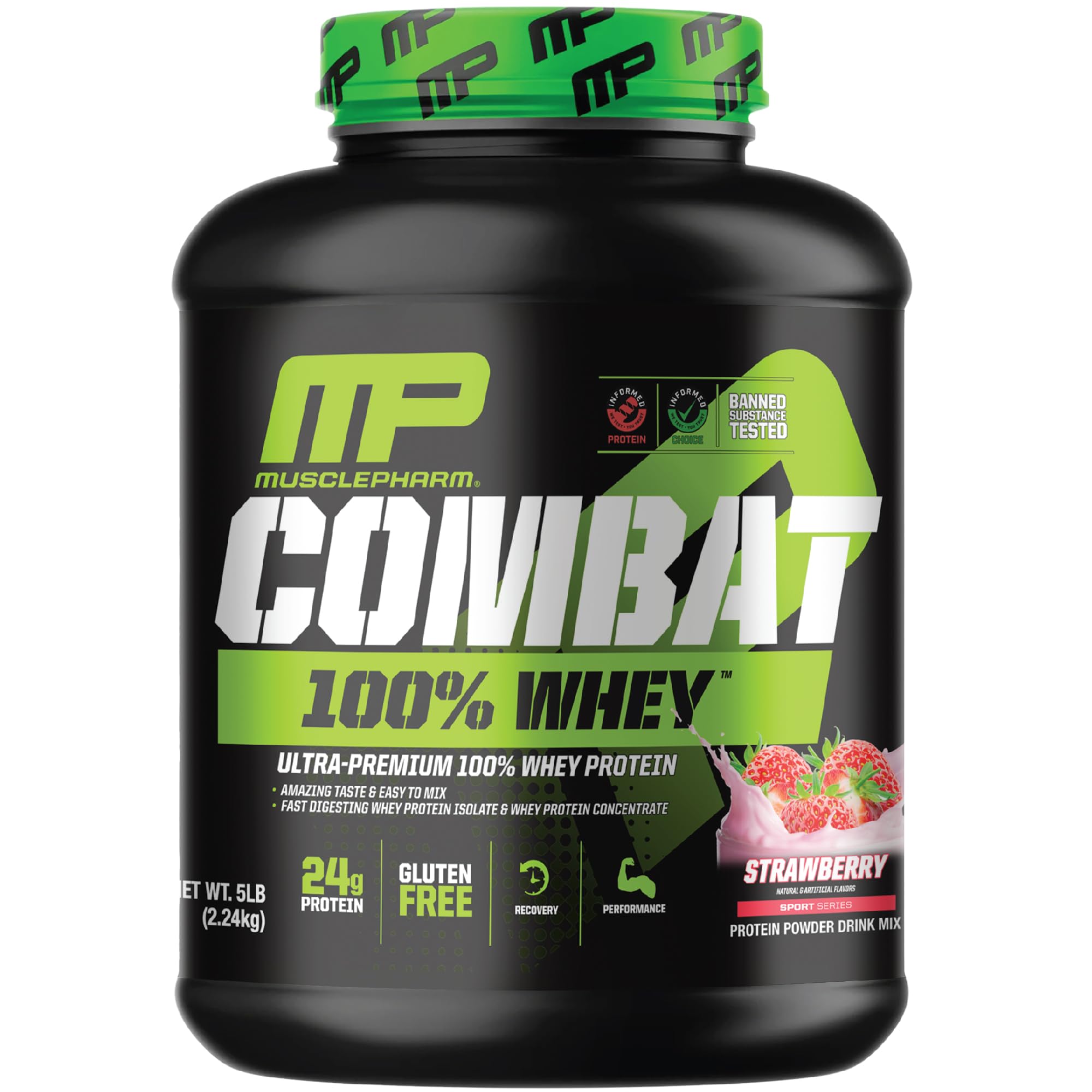 MusclePharm Combat Whey Strawberry Cream bottle highlights high-protein formula for post-workout fueling