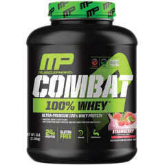 MusclePharm Combat Whey Strawberry Cream bottle highlights high-protein formula for post-workout fueling