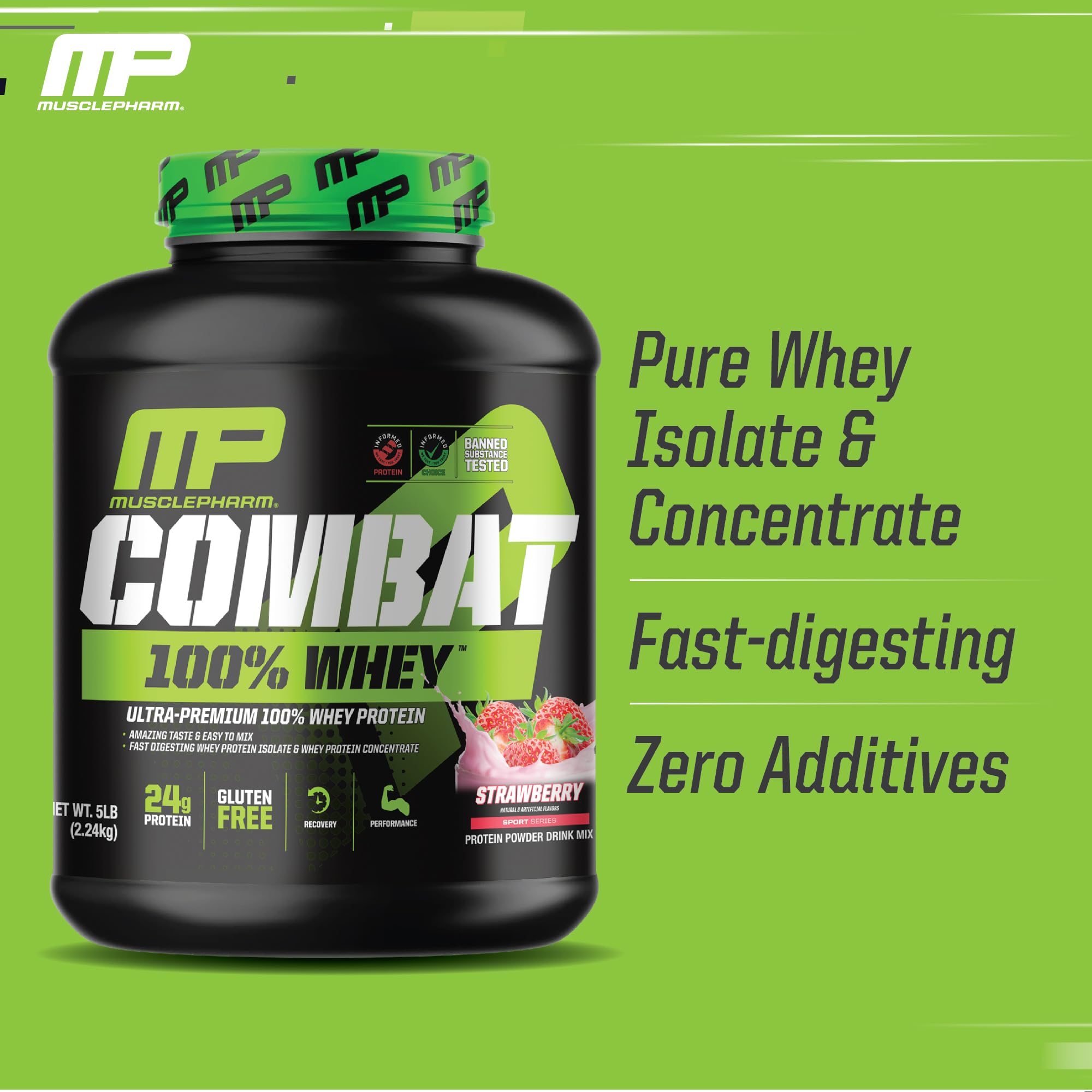 MusclePharm Combat Whey Strawberry Cream closeup label emphasizes gluten-free formulation