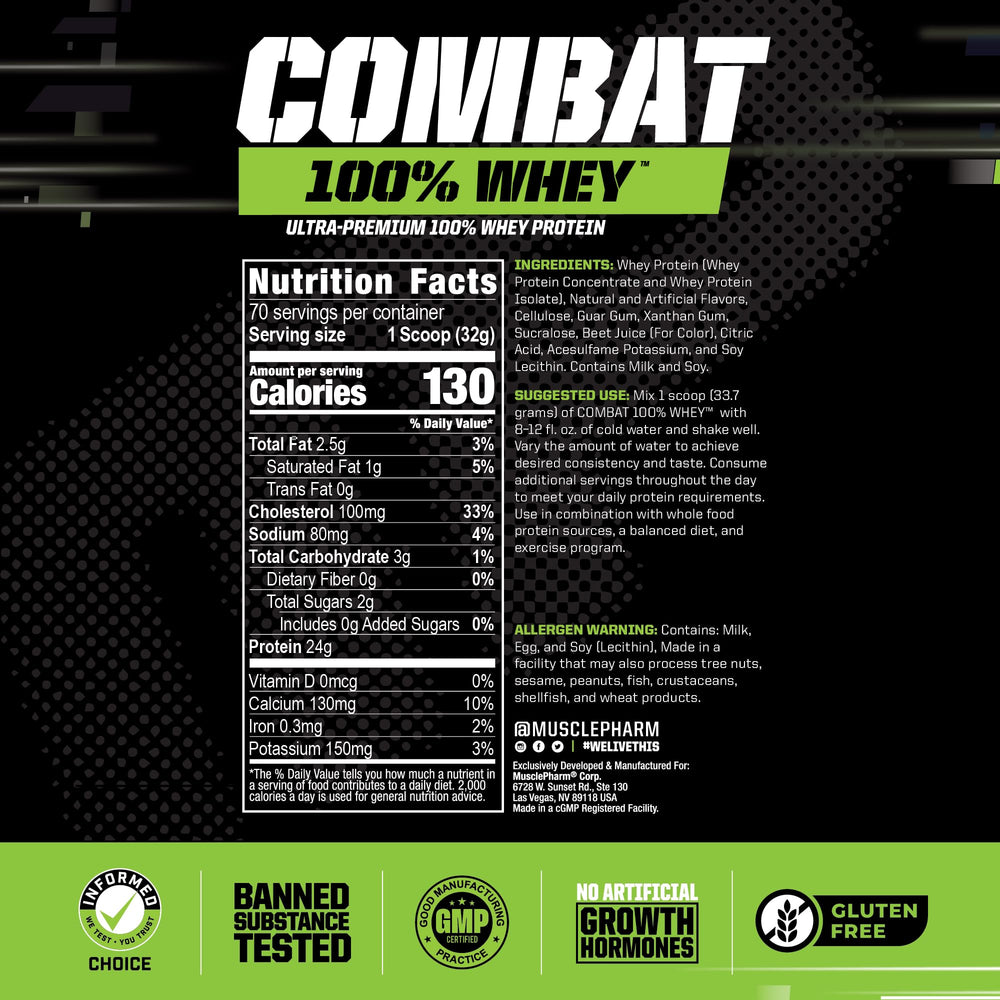 MusclePharm Combat Whey Strawberry Cream scoop ready to mix for quick protein boosts