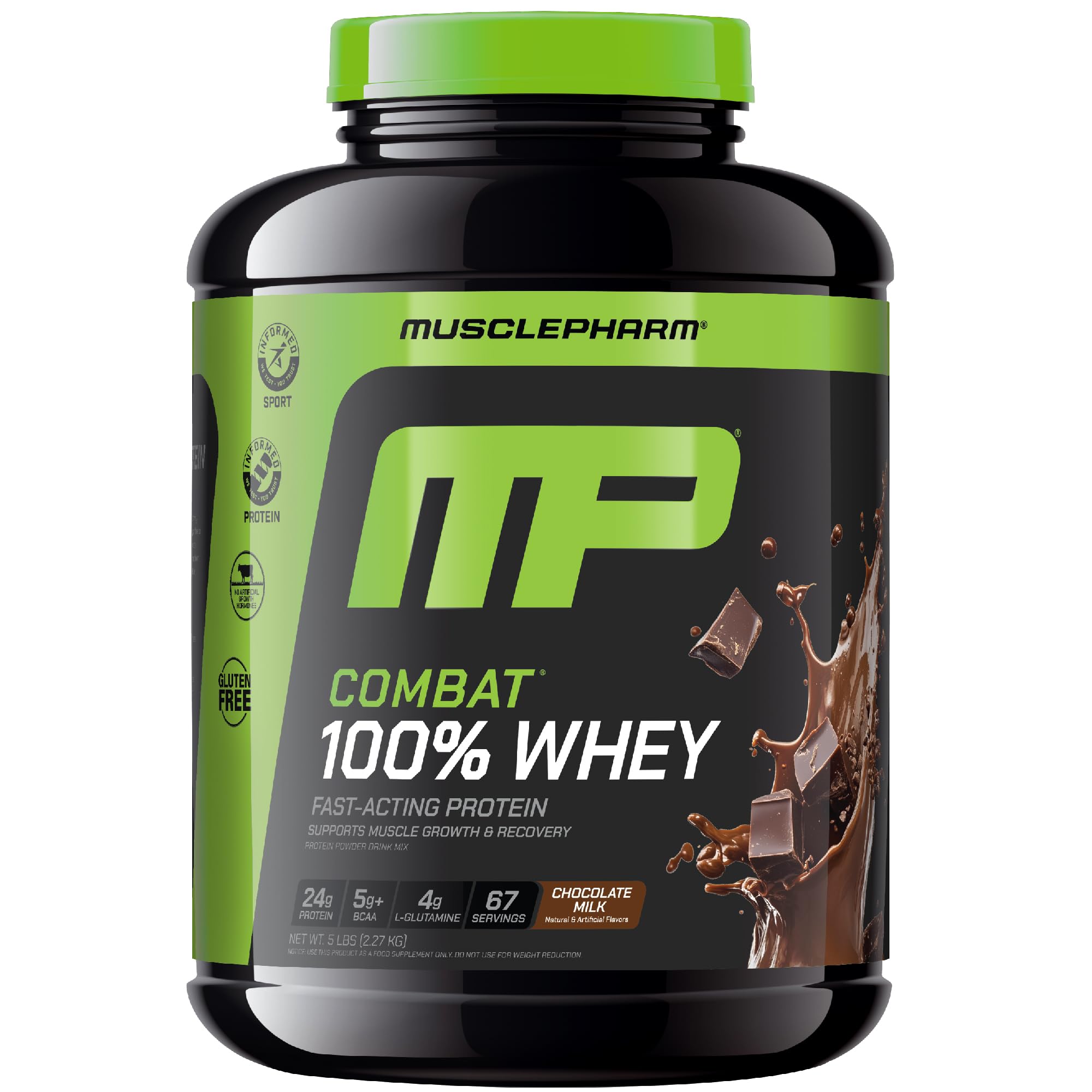 MusclePharm Combat whey protein tub in chocolate milk flavor for quick post-workout fueling.