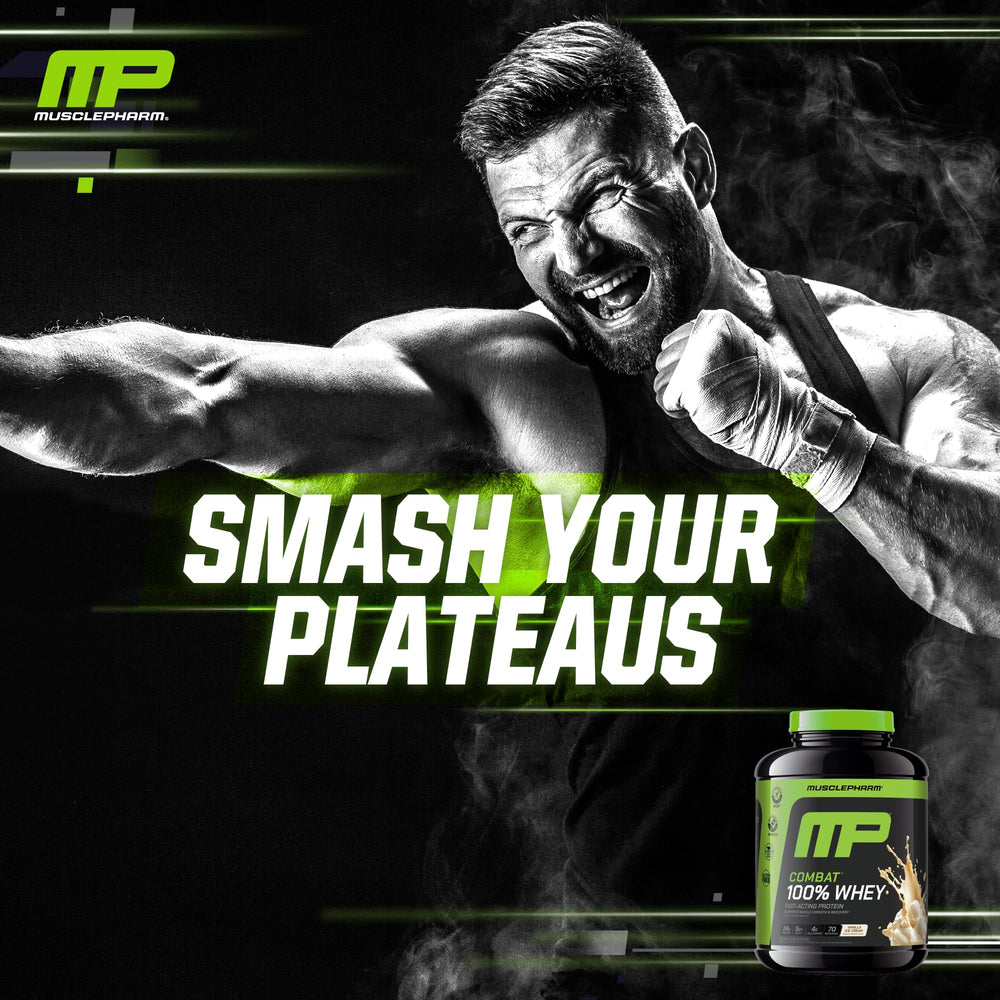 MusclePharm Combat Whey Vanilla dispensing bag emphasizes portable packaging.