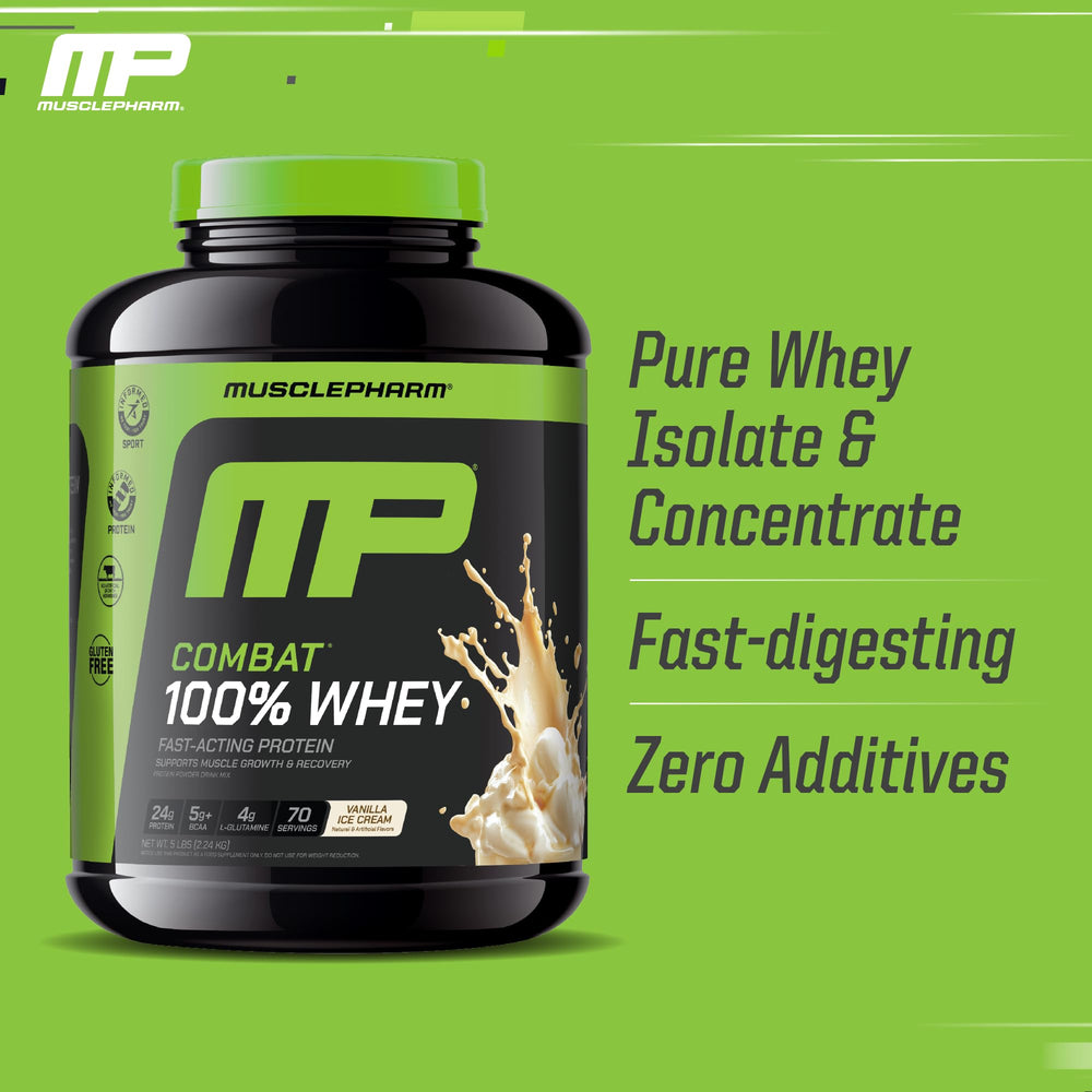 MusclePharm Combat Whey Vanilla label close-up with certification.