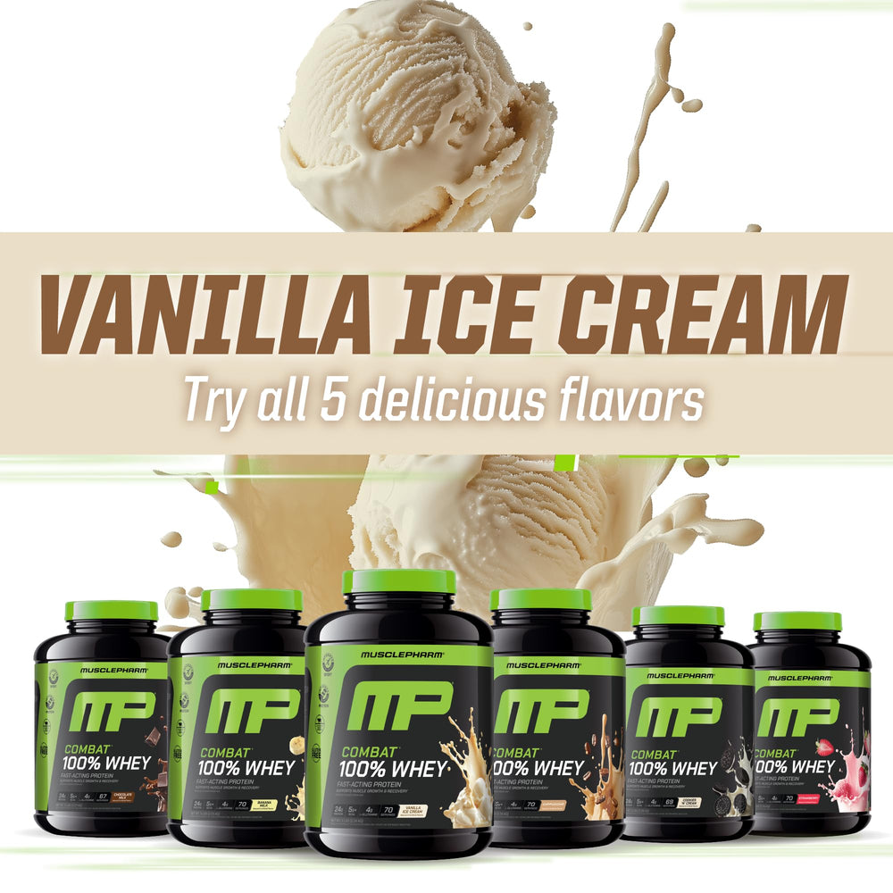 MusclePharm Combat Whey Vanilla powder texture close-up for smooth mixability.