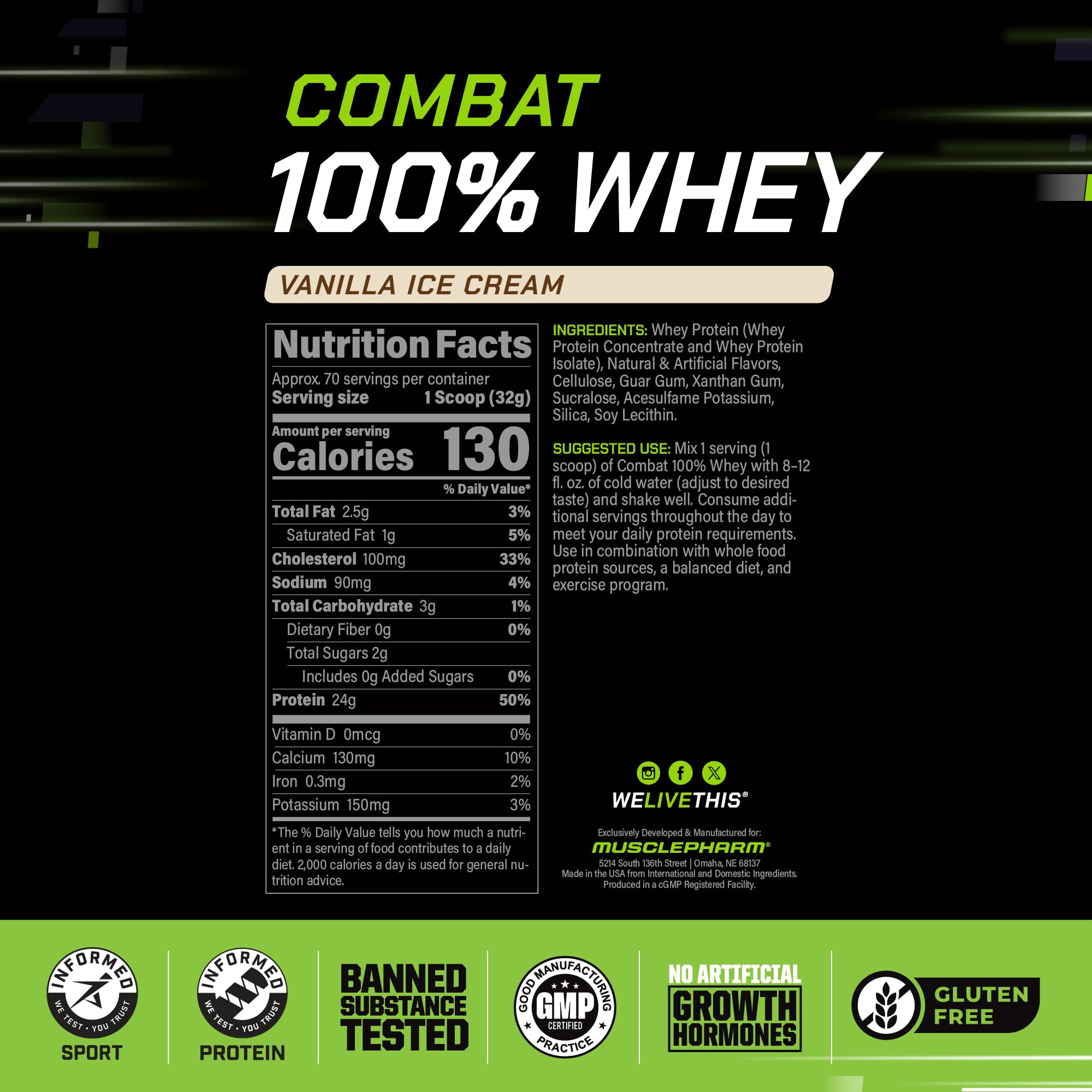 MusclePharm Combat Whey Vanilla serving scoop highlights easy dosing.