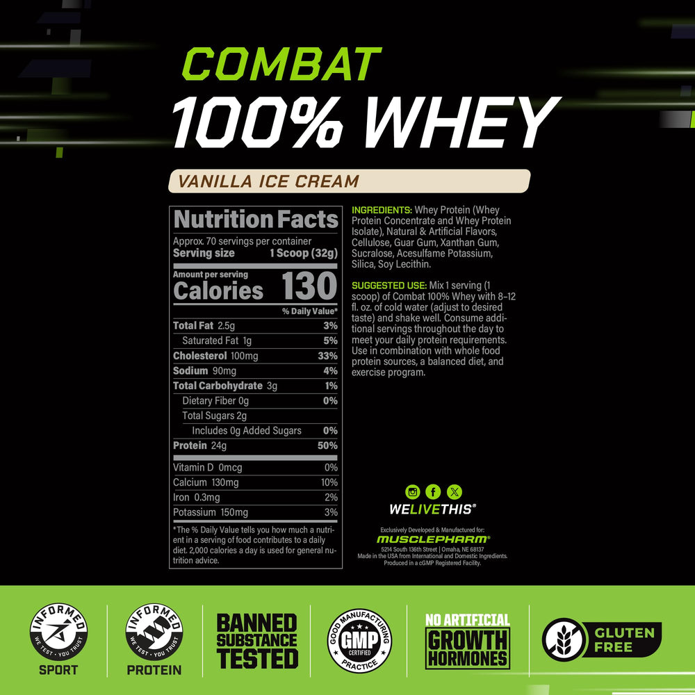 MusclePharm Combat Whey Vanilla serving scoop highlights easy dosing.