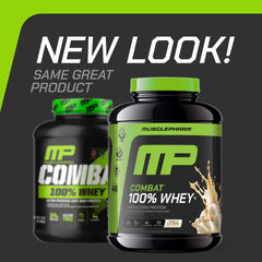 MusclePharm Combat Whey Vanilla shake in glass shows fast-digesting protein.
