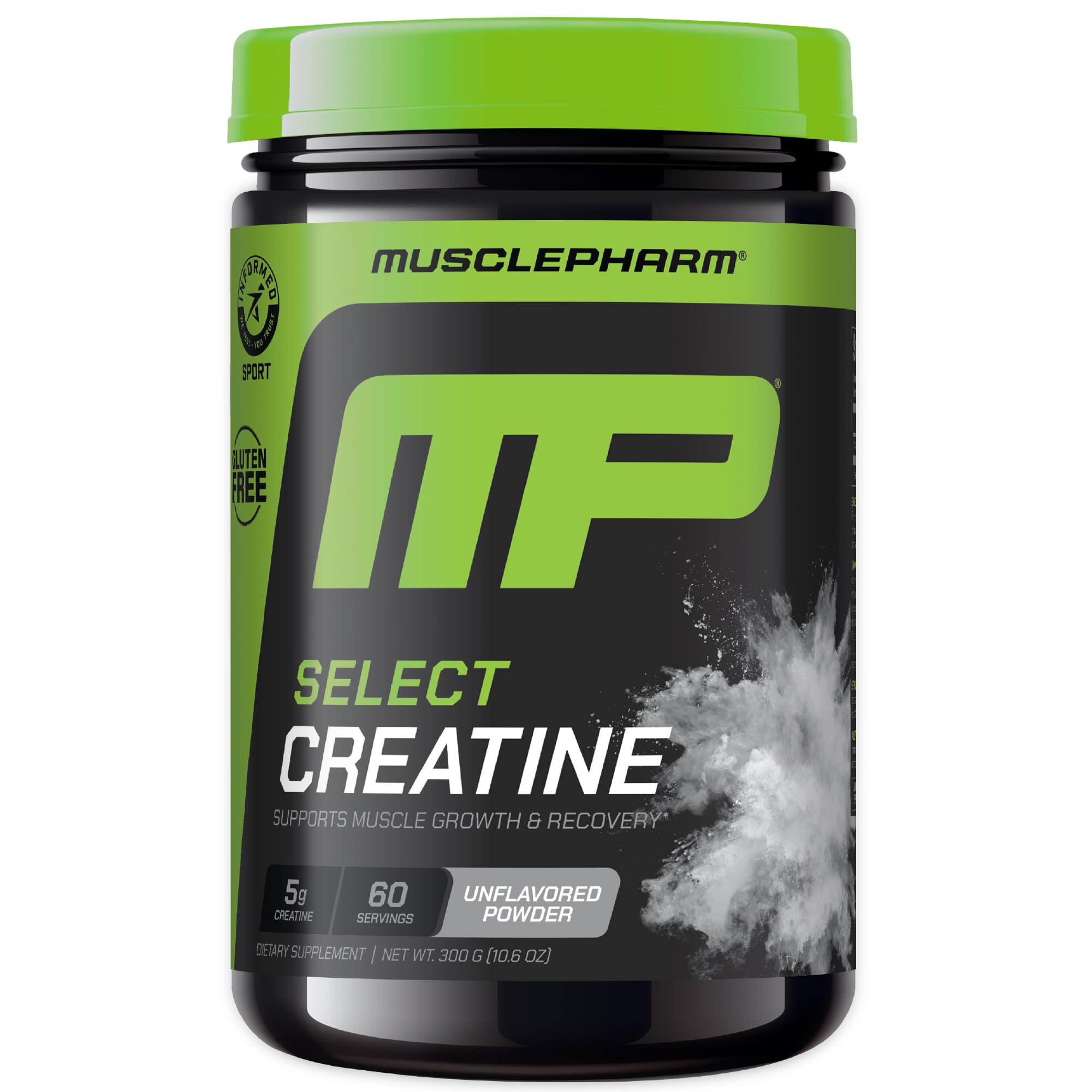 MusclePharm Creatine Monohydrate powder bottle, unflavored formula for clean mixing.