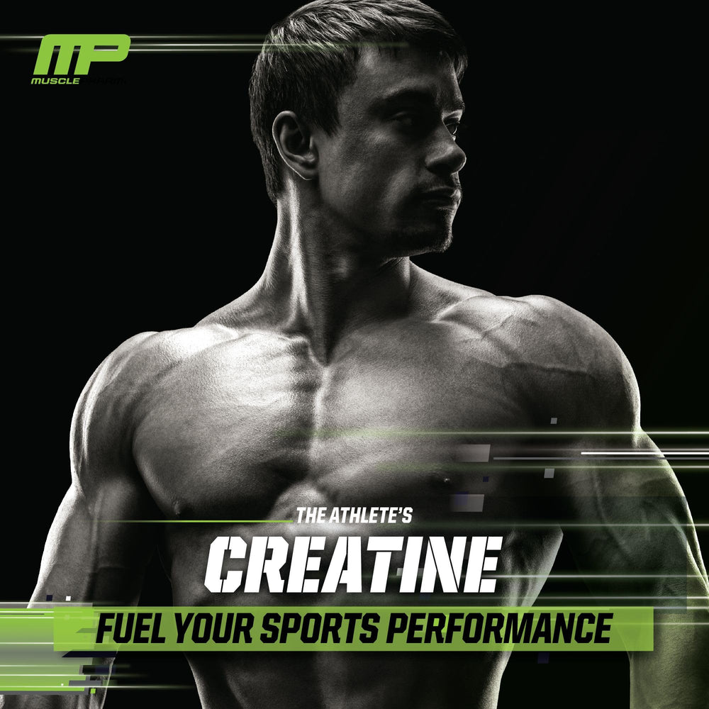 MusclePharm Creatine Monohydrate powder label closeup emphasizing purity and serving size.