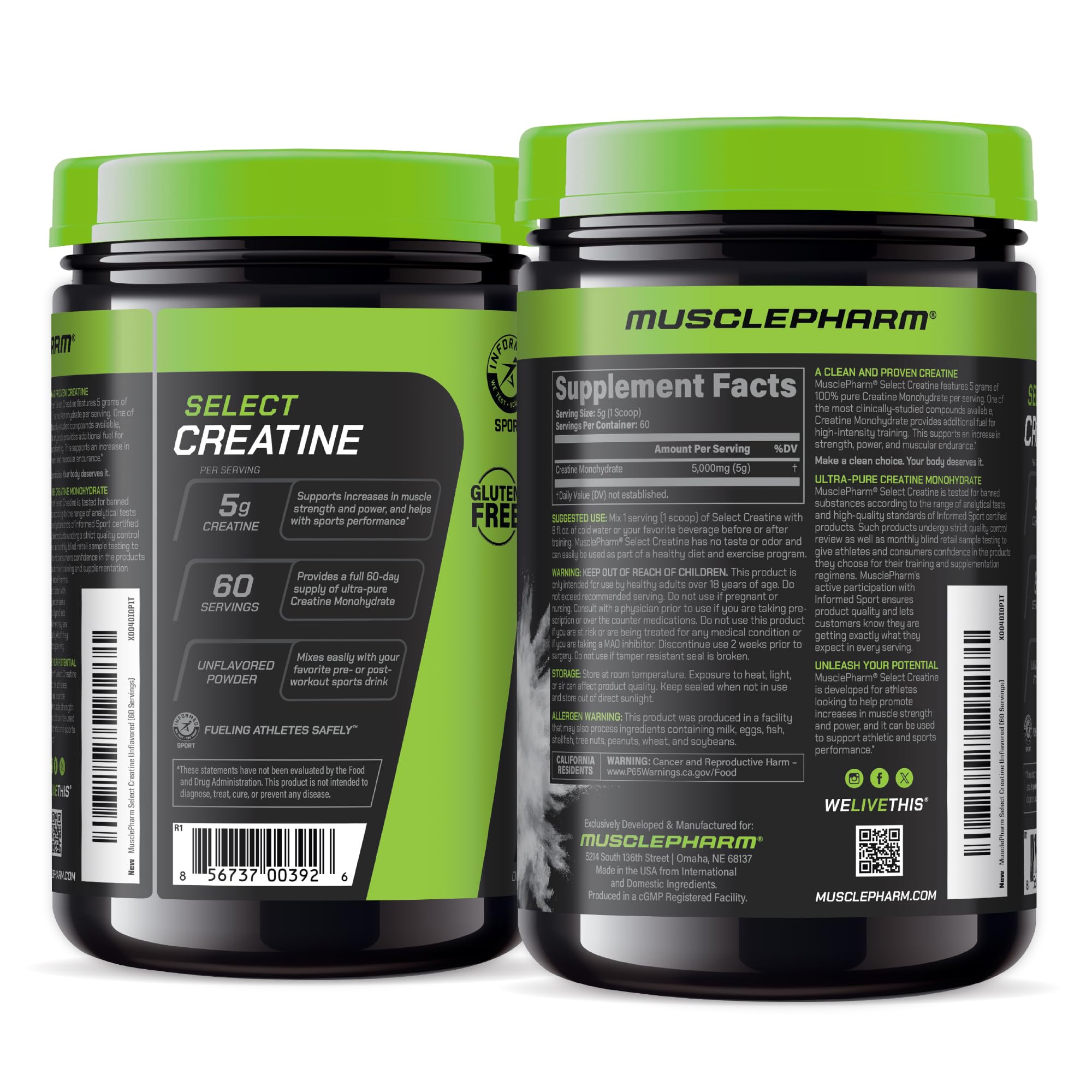 MusclePharm Creatine Monohydrate powder sealed container with secure cap.