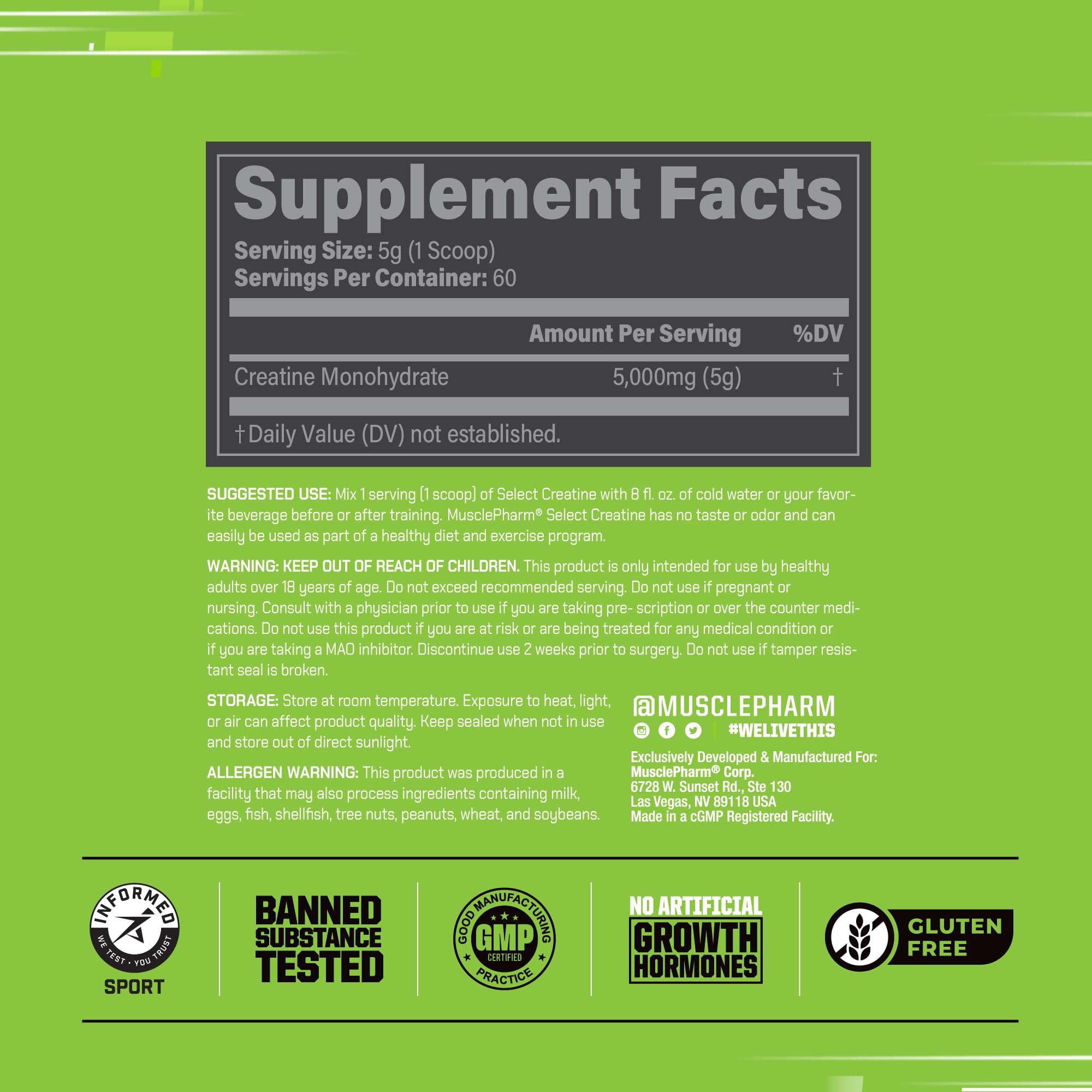 MusclePharm Creatine Monohydrate powder unflavored form blends easily into drinks.