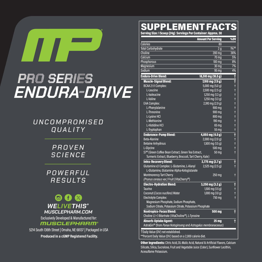 MusclePharm Endura-Drive glass with water mix highlights cherry limeade flavor.