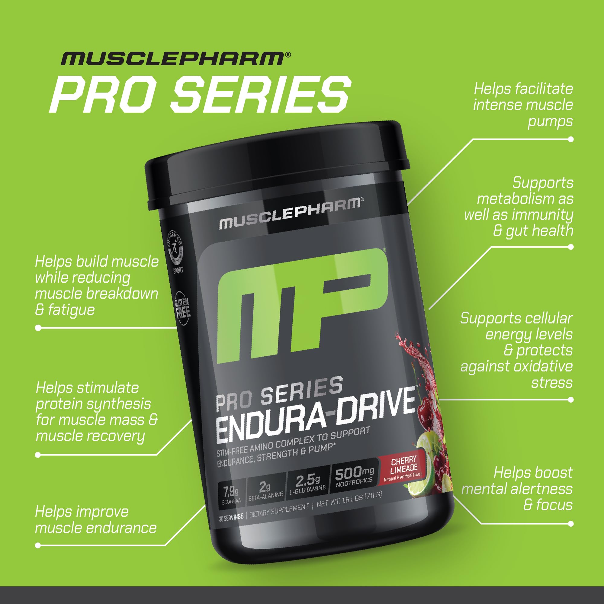 MusclePharm Endura-Drive scoop close-up displays 5 g BCAA blend for recovery.