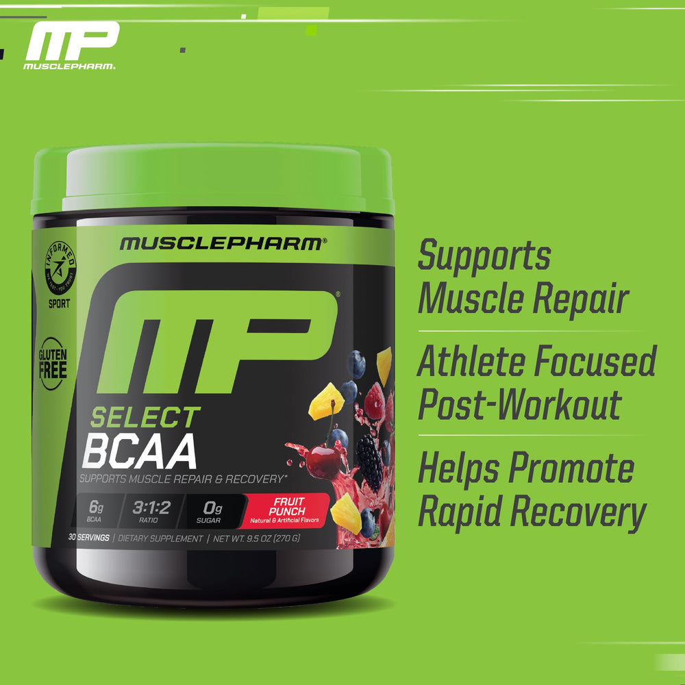 MusclePharm Essentials BCAA Powder bottle front view, highlighting zero calories and no sugar