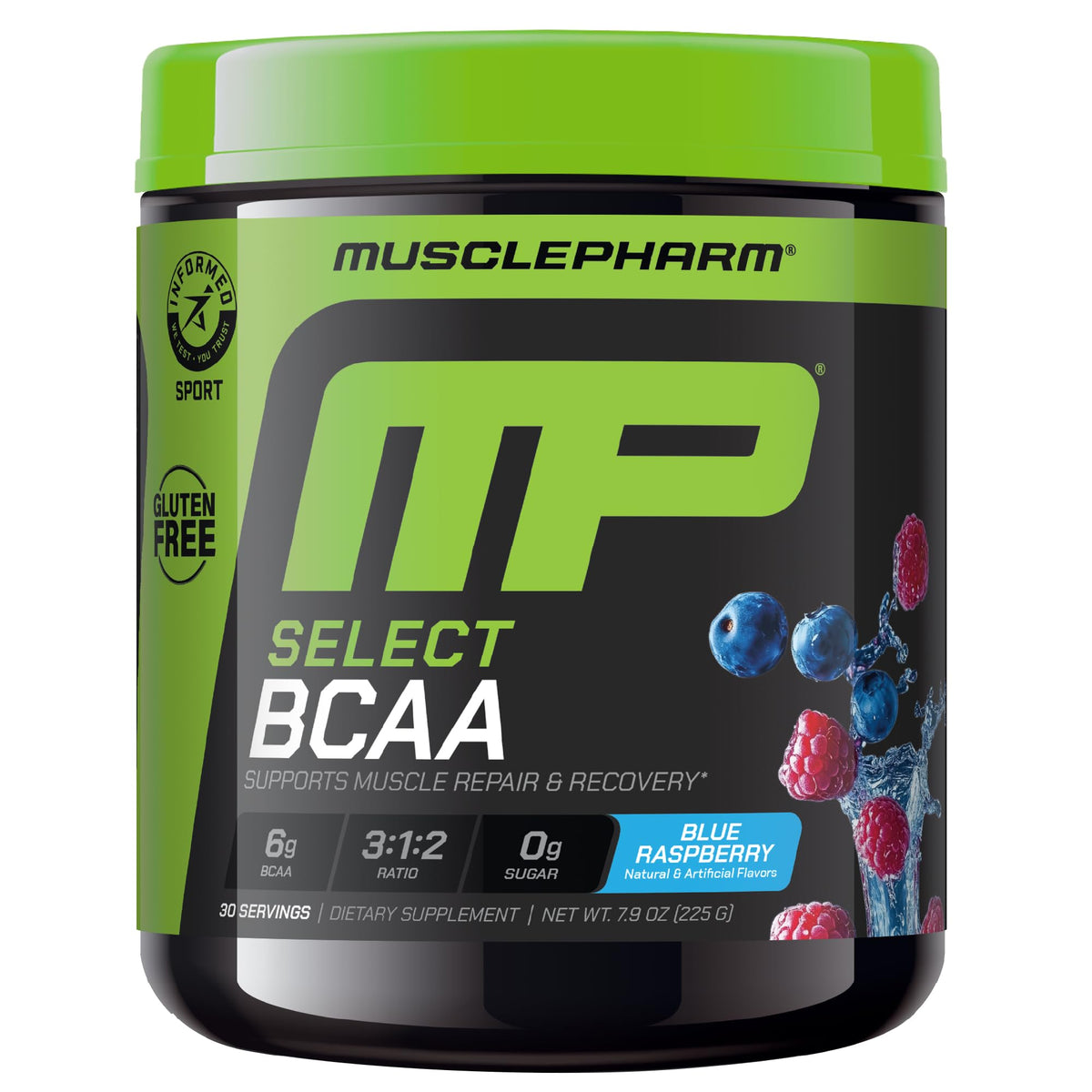 MusclePharm Essentials BCAA bottle on a clean surface highlighting recovery focus.