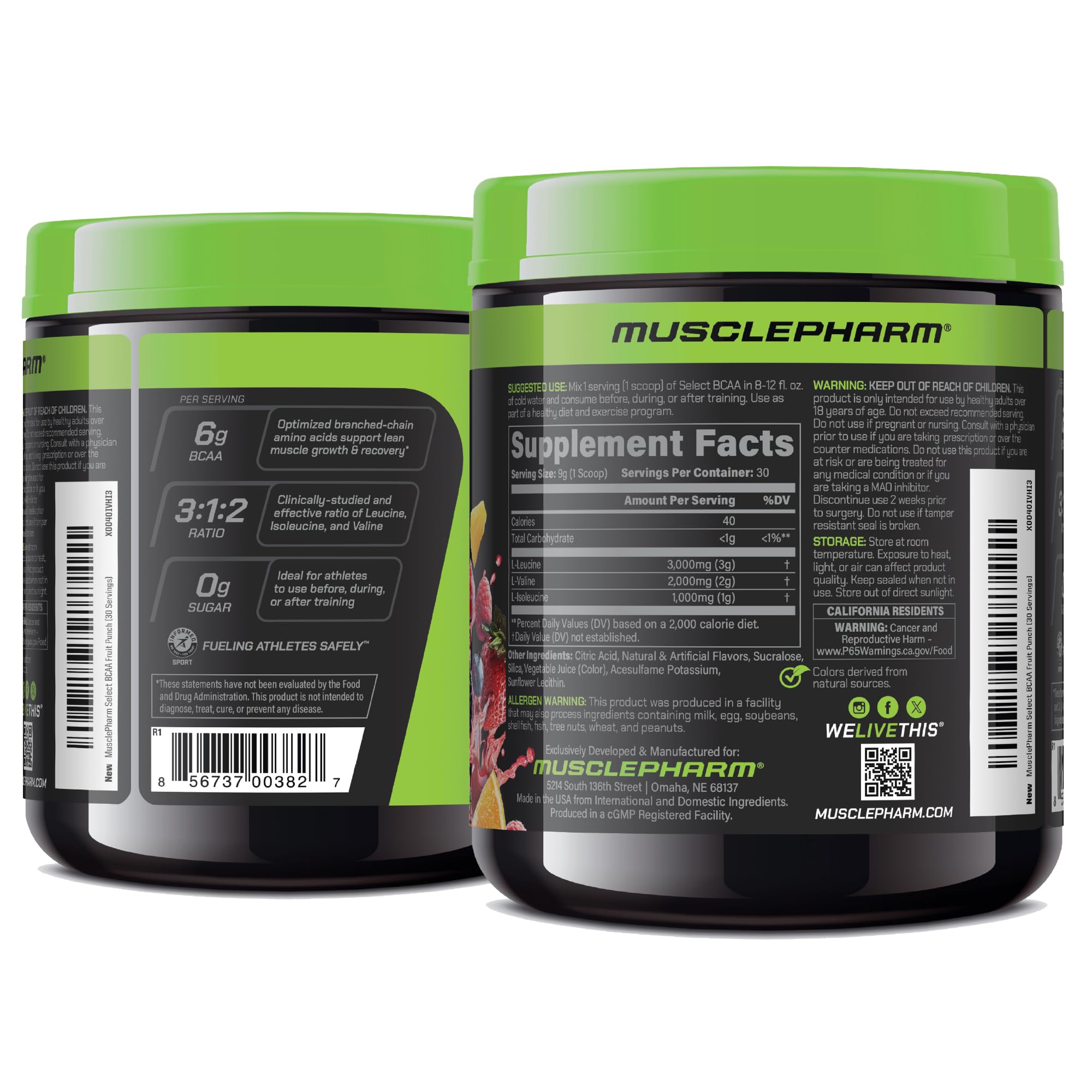 MusclePharm Essentials BCAA Powder canister on gym bench, ready for training