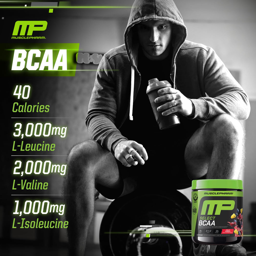 MusclePharm Essentials BCAA Powder label close-up showing Informed-Choice certification