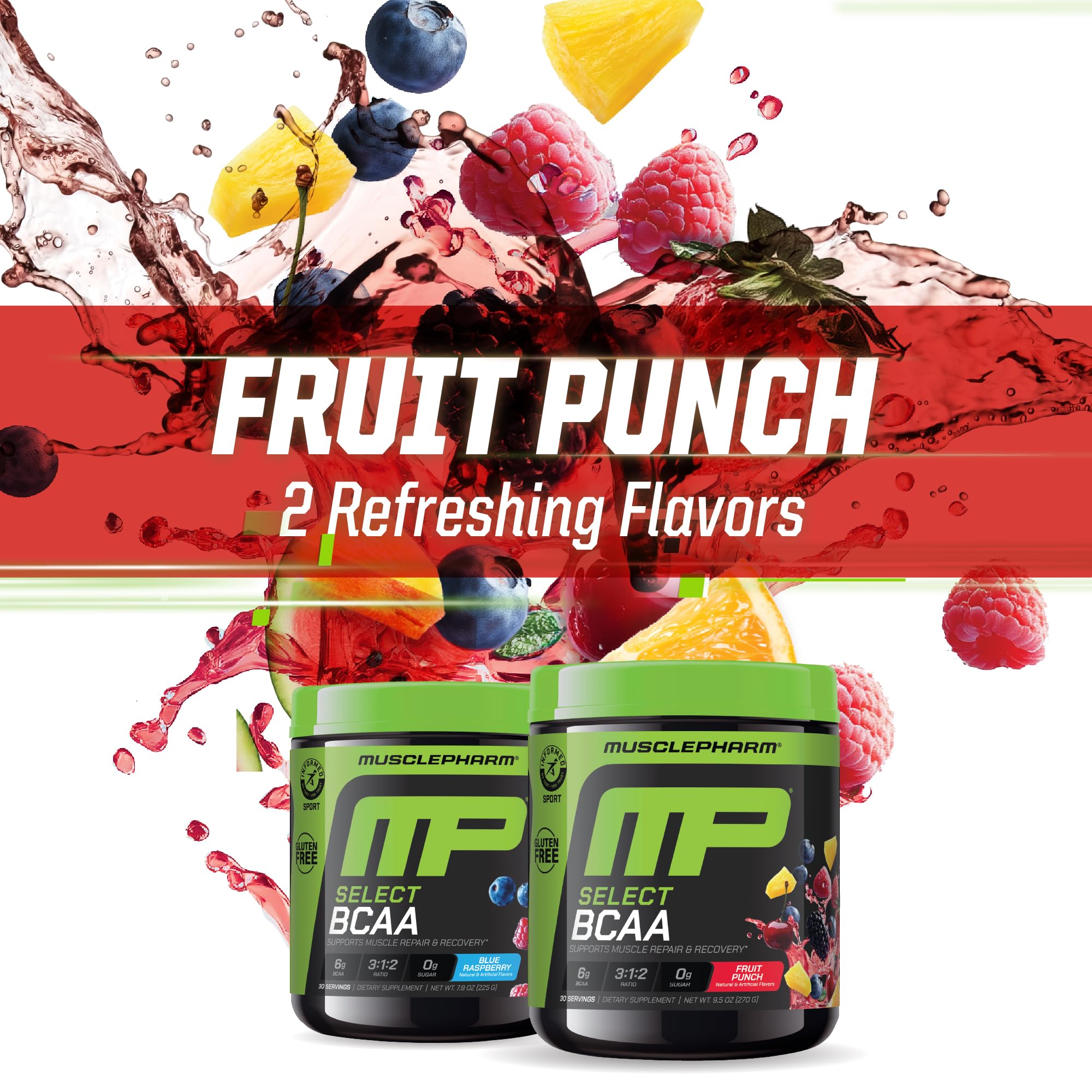 MusclePharm Essentials BCAA Powder scoop beside fruits and shaker bottle