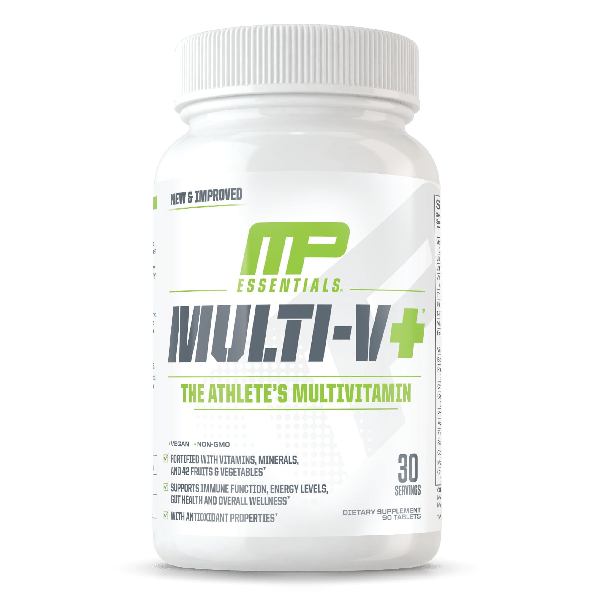MusclePharm Essentials Multi-V+ bottle shown for daily energy and immune support.