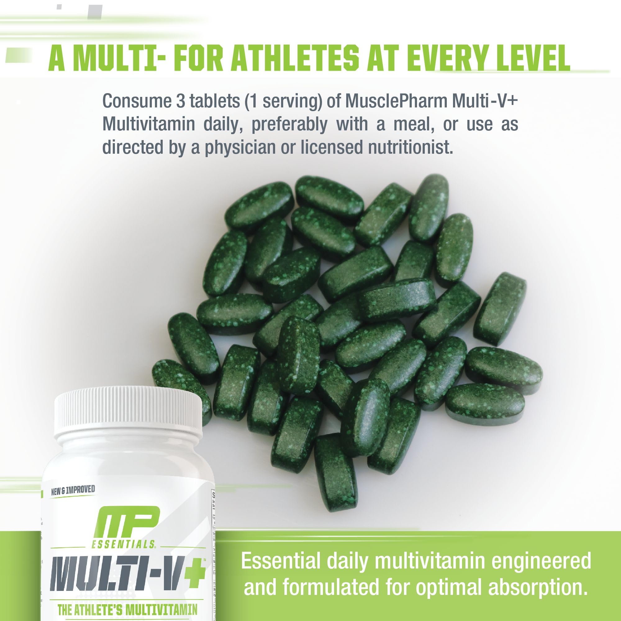 Non-GMO badge on MusclePharm Essentials Multi-V+ packaging emphasizes clean ingredients.