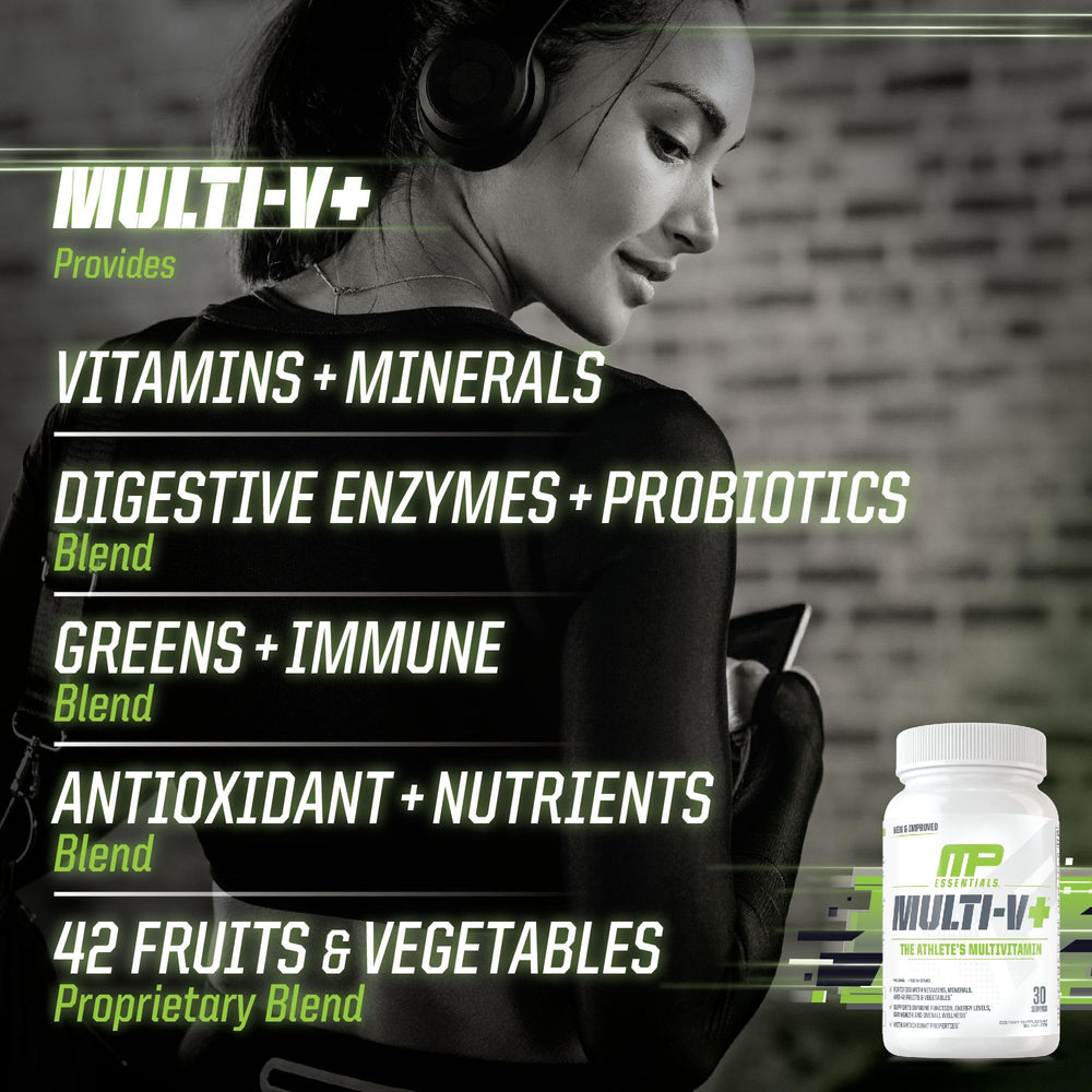 Probiotic and enzyme blend on MusclePharm Essentials Multi-V+ for digestive balance.