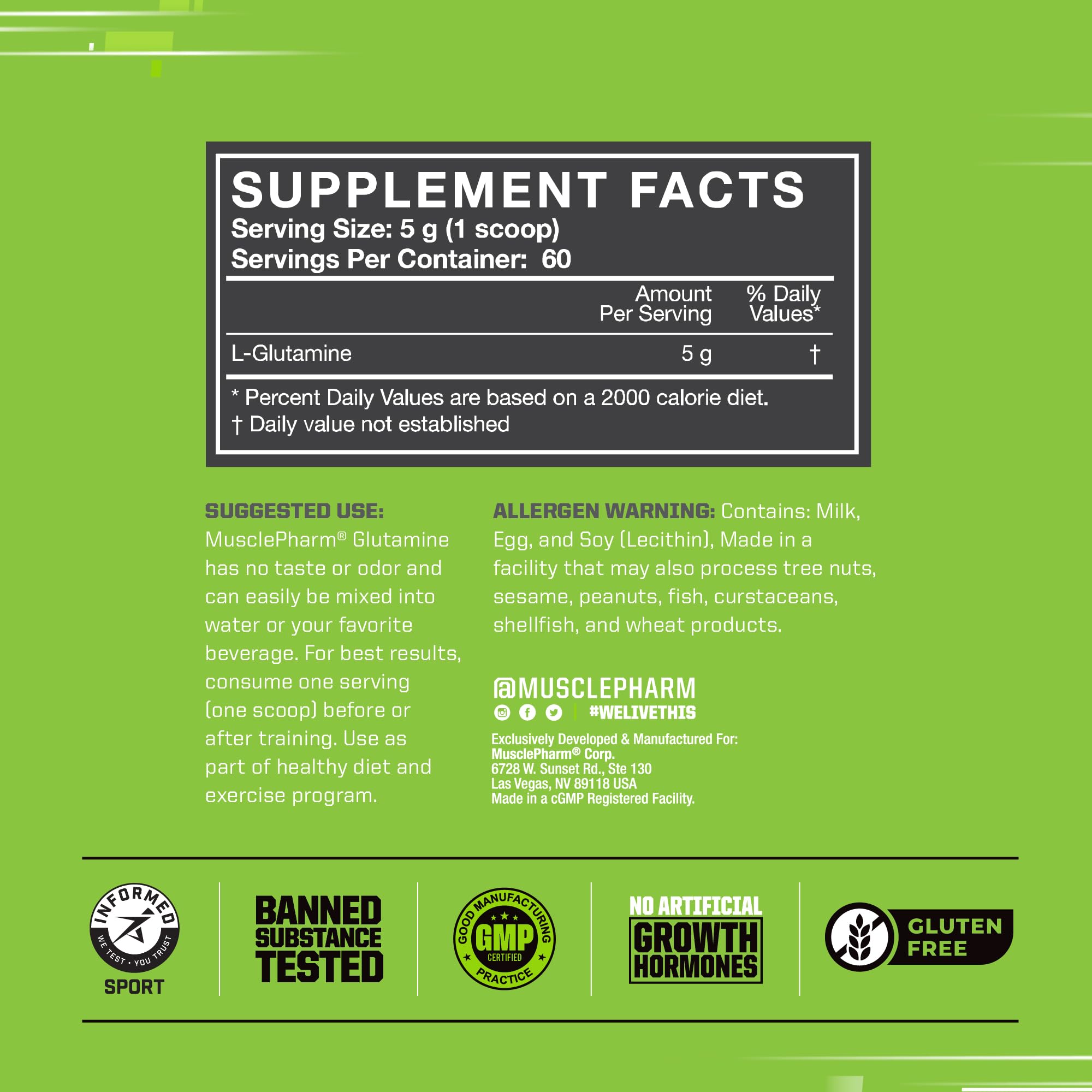 MusclePharm Glutamine dissolves quickly in water for convenient use
