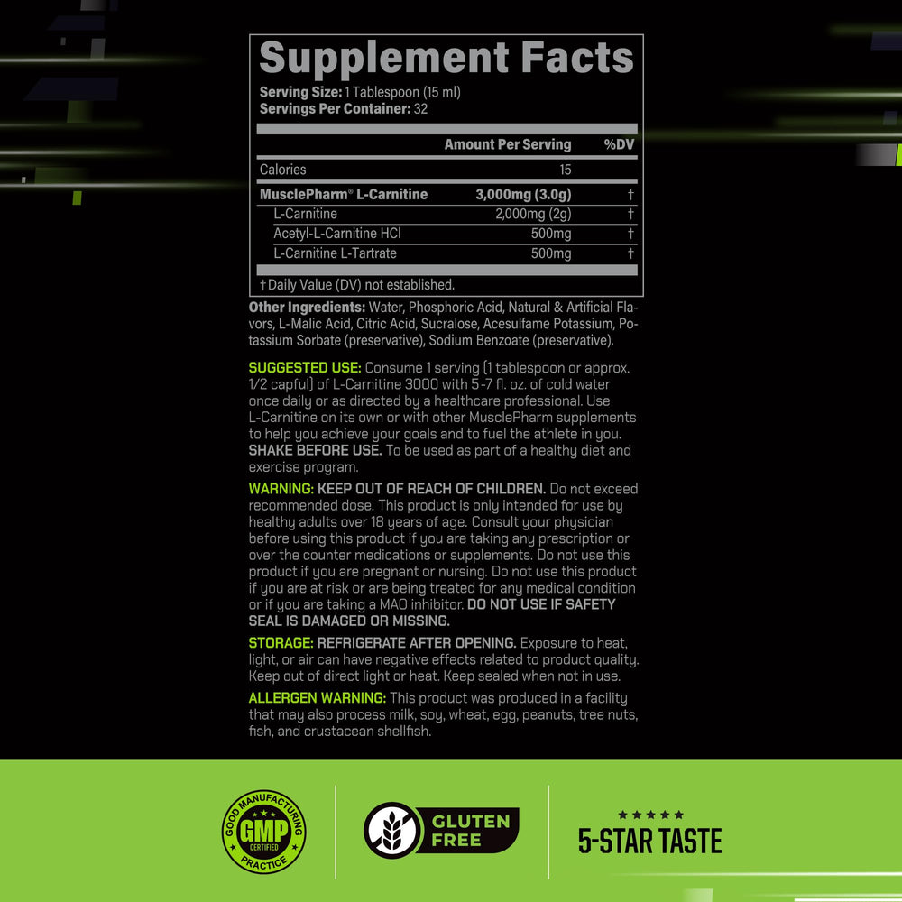 MusclePharm L-Carnitine 3000 bottle label highlighting formula details and sugar-free claim.