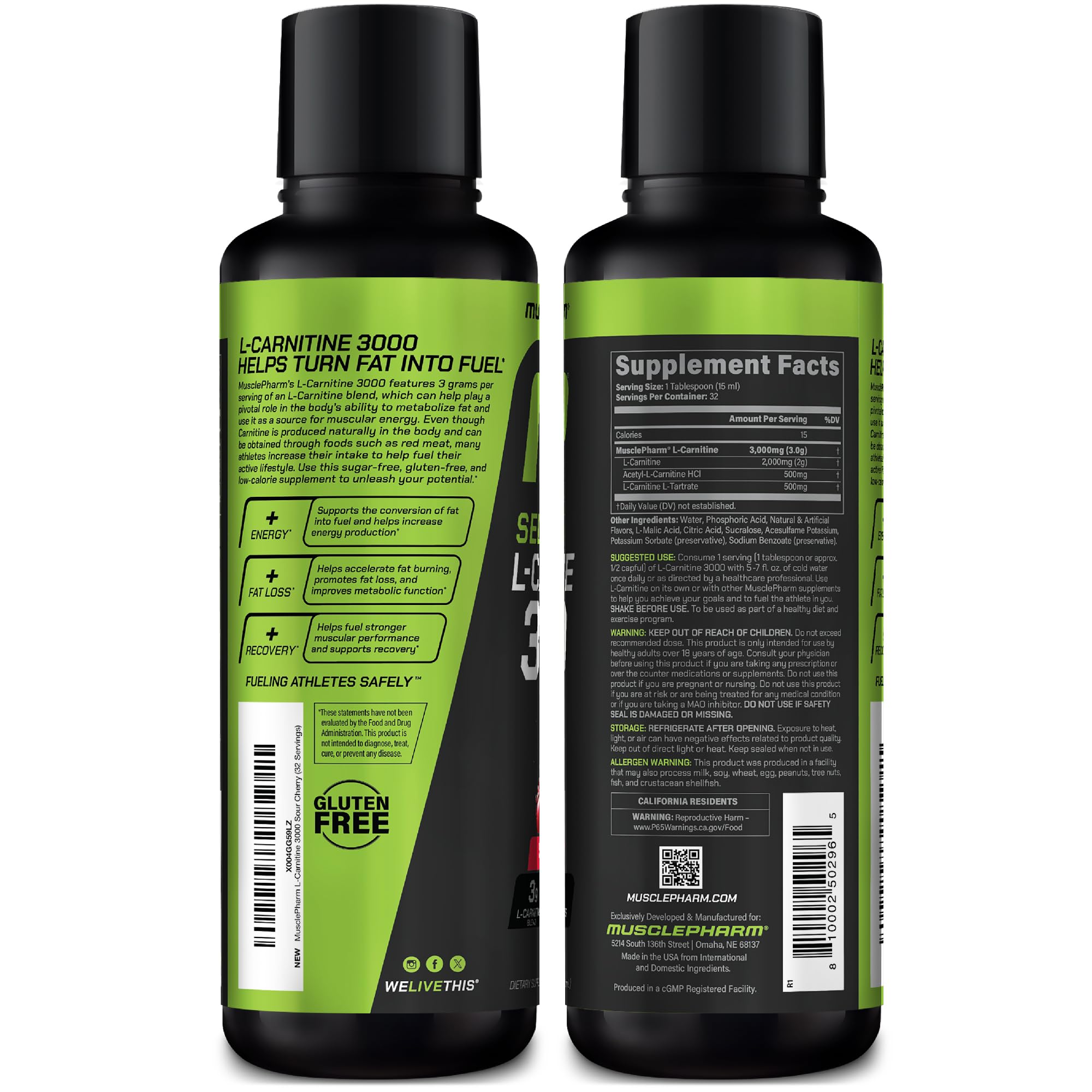Diet-friendly MusclePharm L-Carnitine 3000 suitable for keto and gluten-free diets.