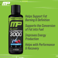 Close-up of the MusclePharm L-Carnitine 3000 label highlighting triple-blend formula.