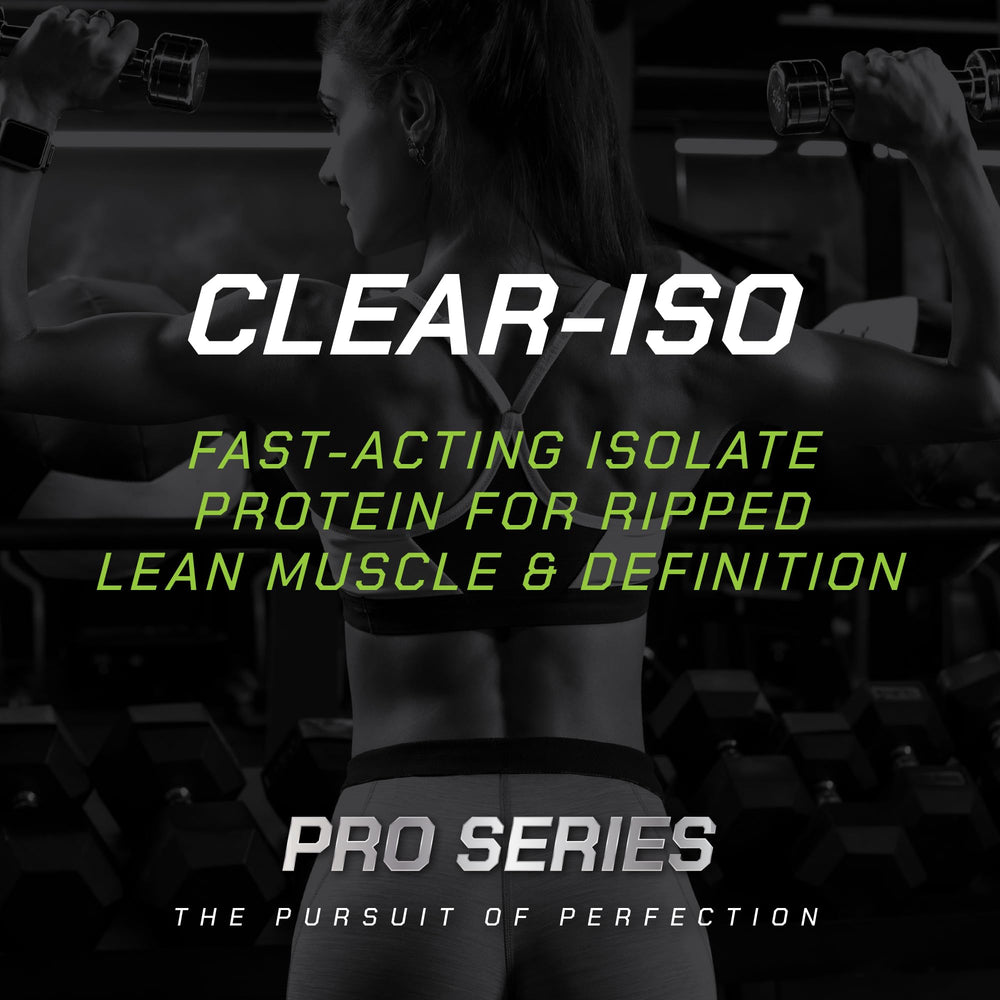 MusclePharm Clear ISO Cherry Slush bottle worn by an athlete in training