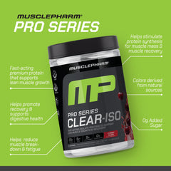 MusclePharm Clear ISO Cherry Slush glass with drink illustrating a refreshing, fast absorbing protein sip