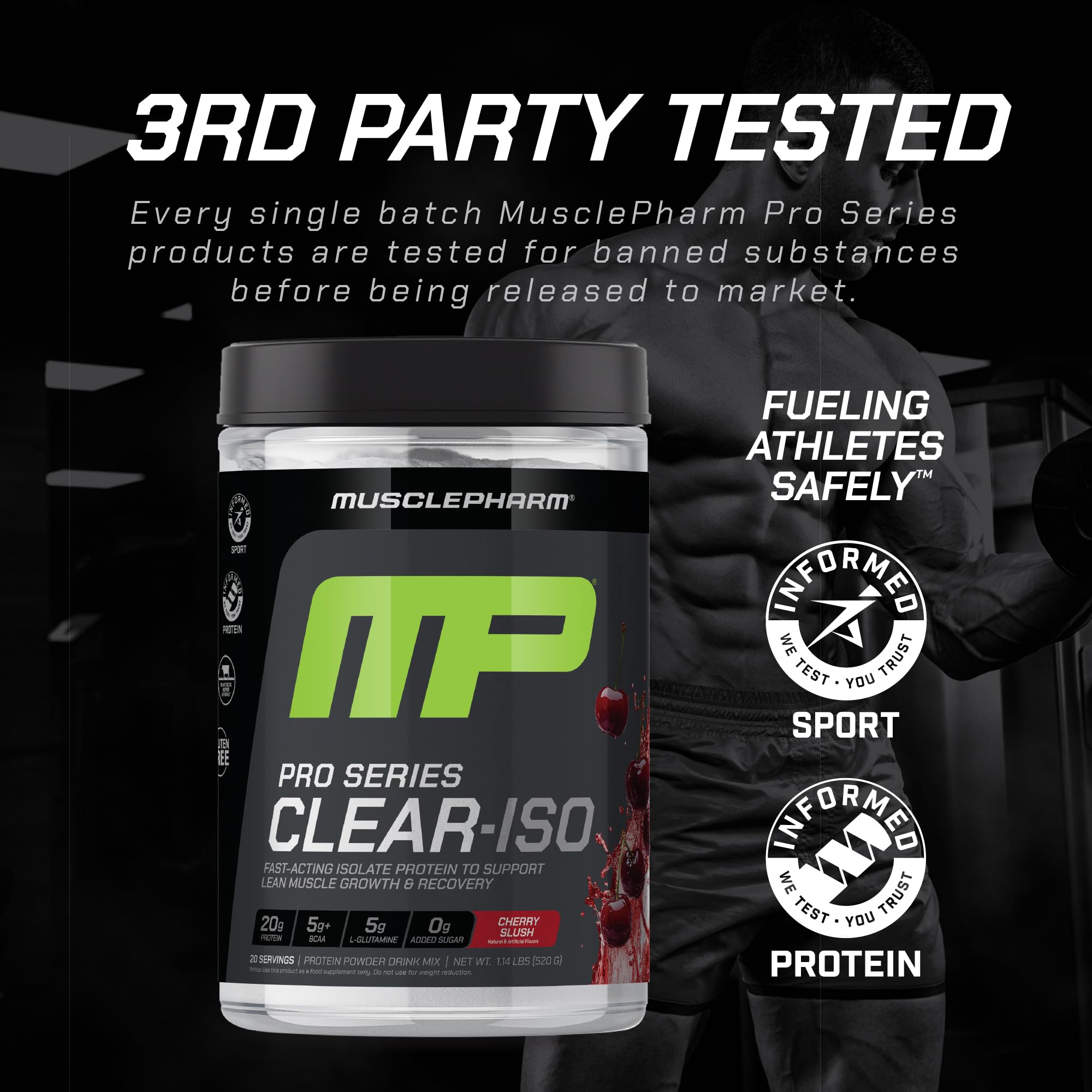 MusclePharm Clear ISO Cherry Slush measuring spoon demonstrates accurate dosing for lean protein goals