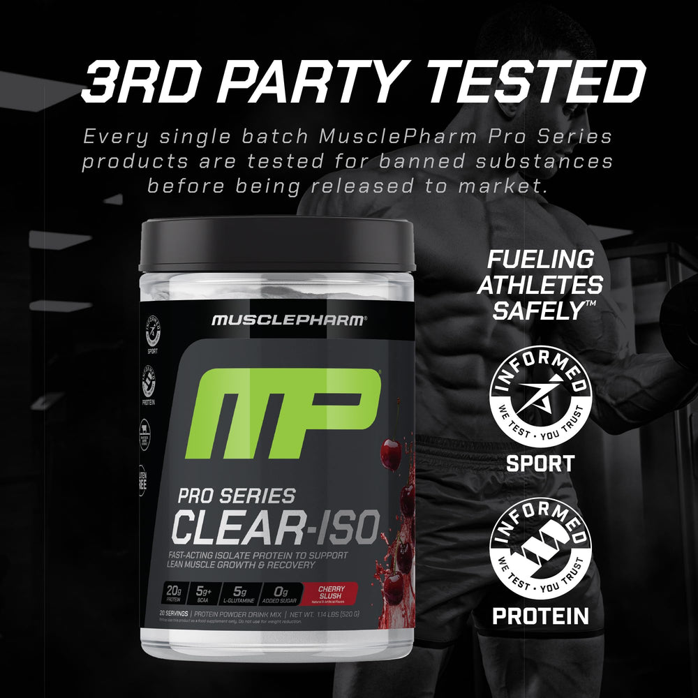 MusclePharm Clear ISO Cherry Slush measuring spoon demonstrates accurate dosing for lean protein goals