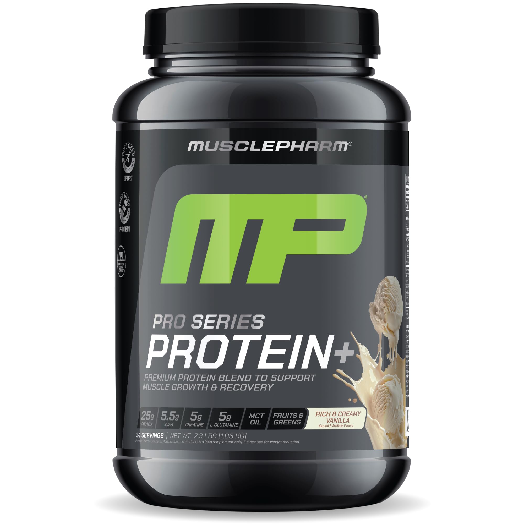 MusclePharm Pro Series Protein+ bottle highlighting premium protein for muscle growth