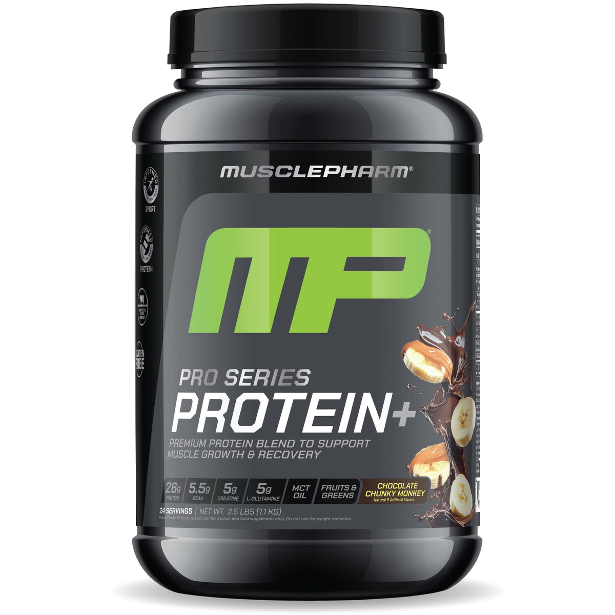 MusclePharm Pro Series Protein+ Chocolate Chunky Monkey bottle highlighting premium formula for post-workout recovery