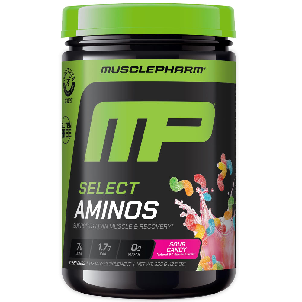MusclePharm Select Aminos bottle label showing EAA and BCAA blend for recovery