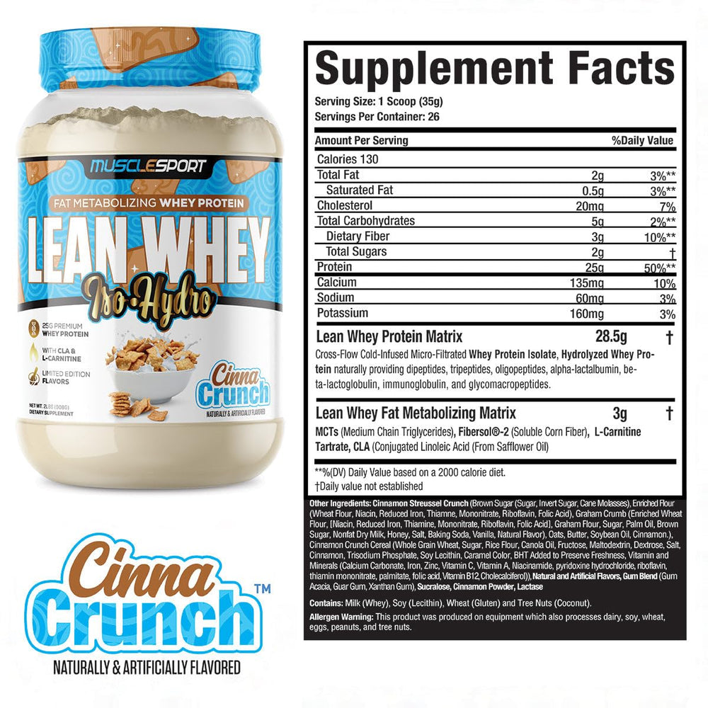 Musclesport Lean Whey Revolution tub highlights low calories and macros for daily shakes.
