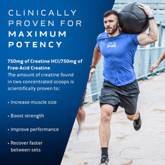 Close-up label highlights Cell-Tech Creactor ingredients and free-acid creatine blend.