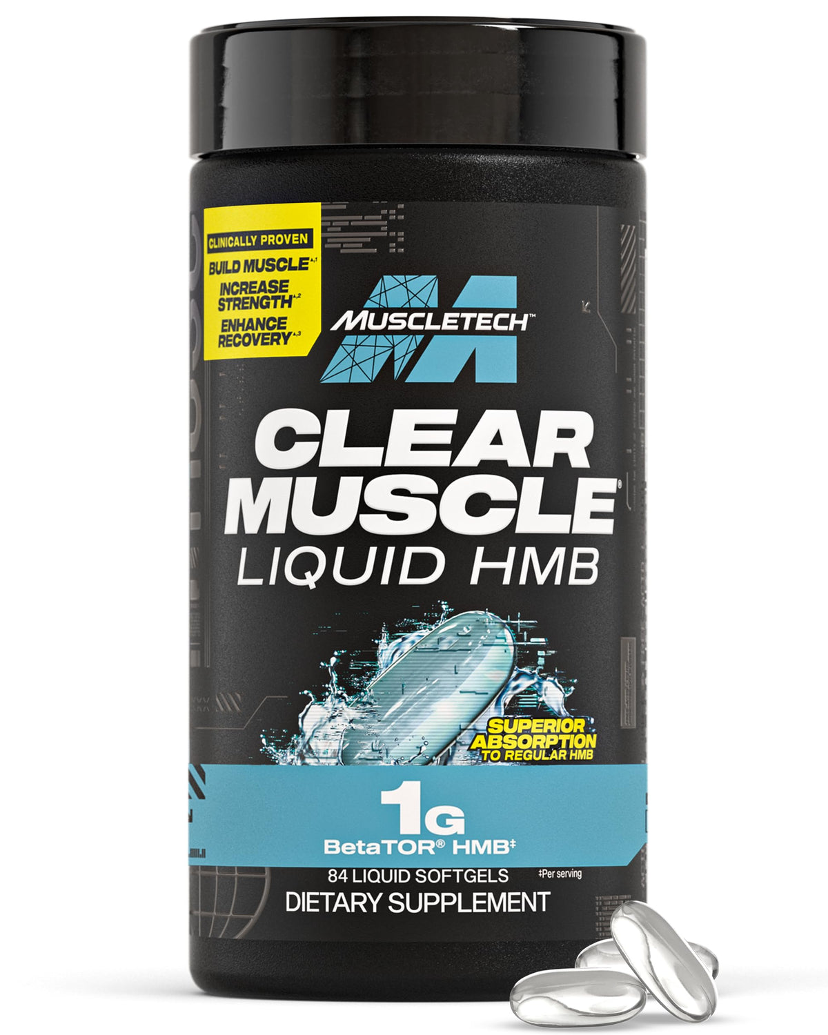 MuscleTech Clear Muscle bottle showing the softgels for lean muscle support
