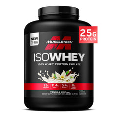 MuscleTech ISO Whey Vanilla bottle highlights high-purity protein for lean muscle support