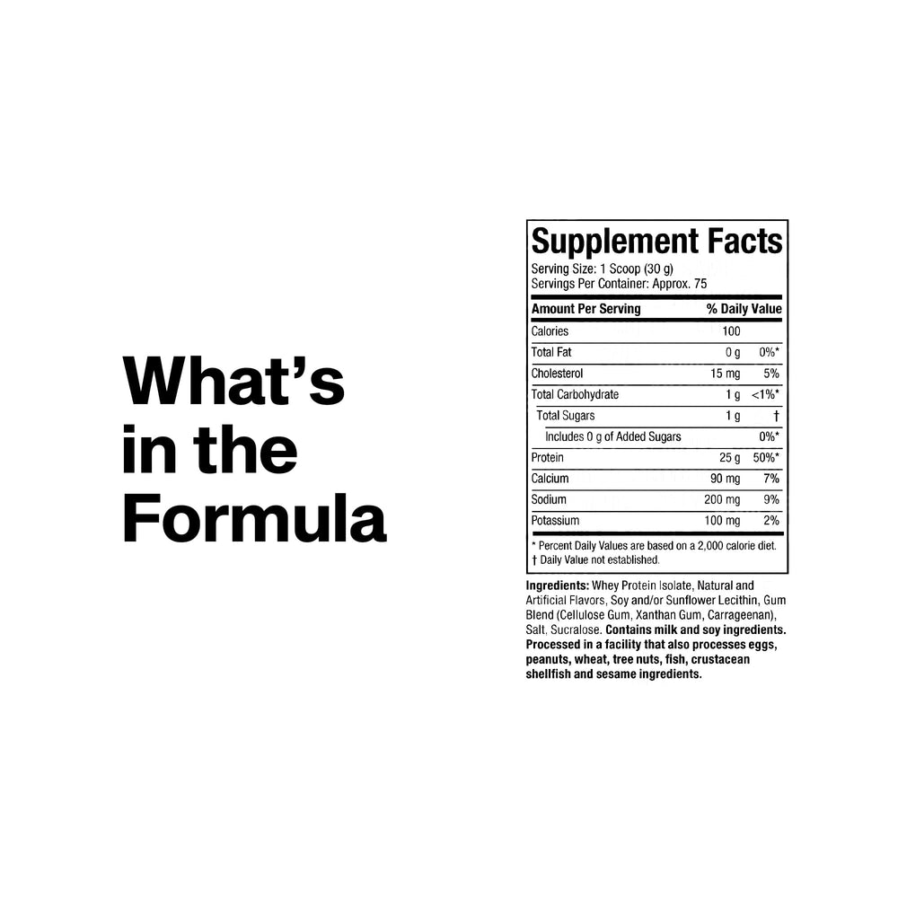 Measuring scoop with isolate powder beside nutrition panel highlighting purity