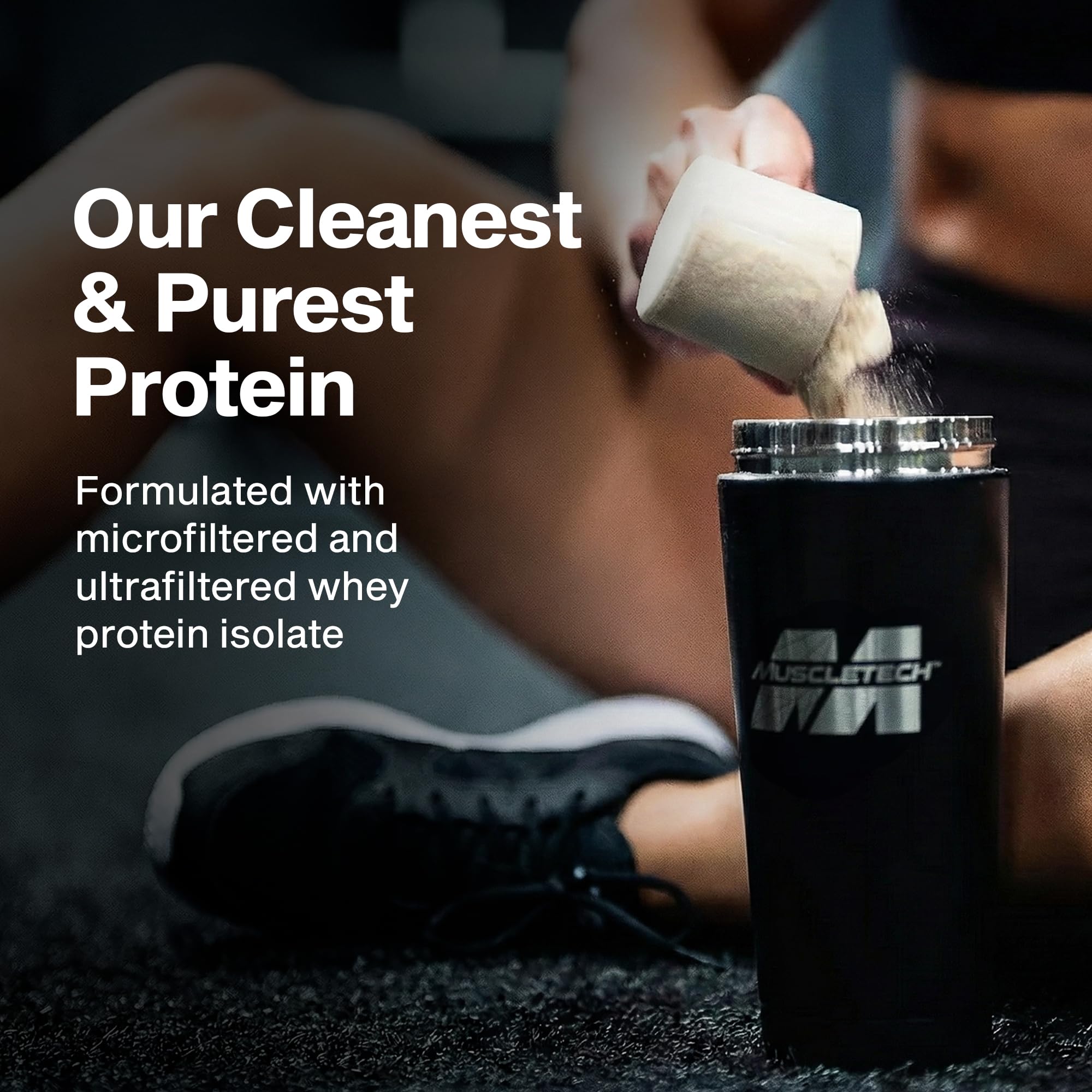 Pouring MuscleTech ISO Whey Vanilla into a shaker for post-workout recovery