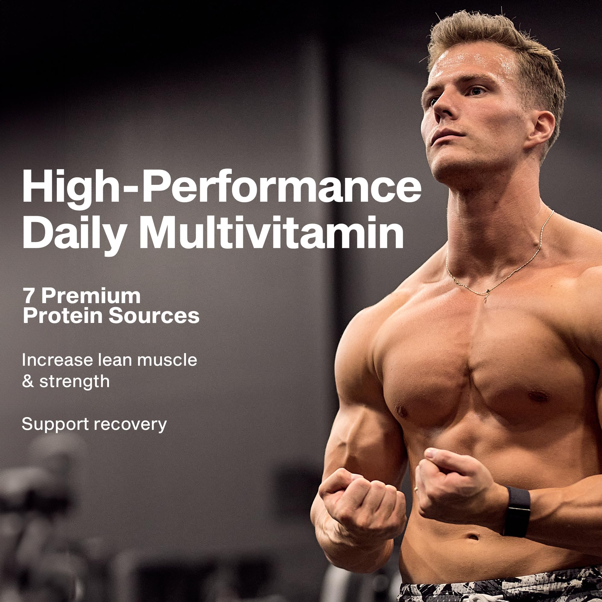 Close-up of MuscleTech Platinum Multivitamin bottle highlighting 18 vitamins and minerals.
