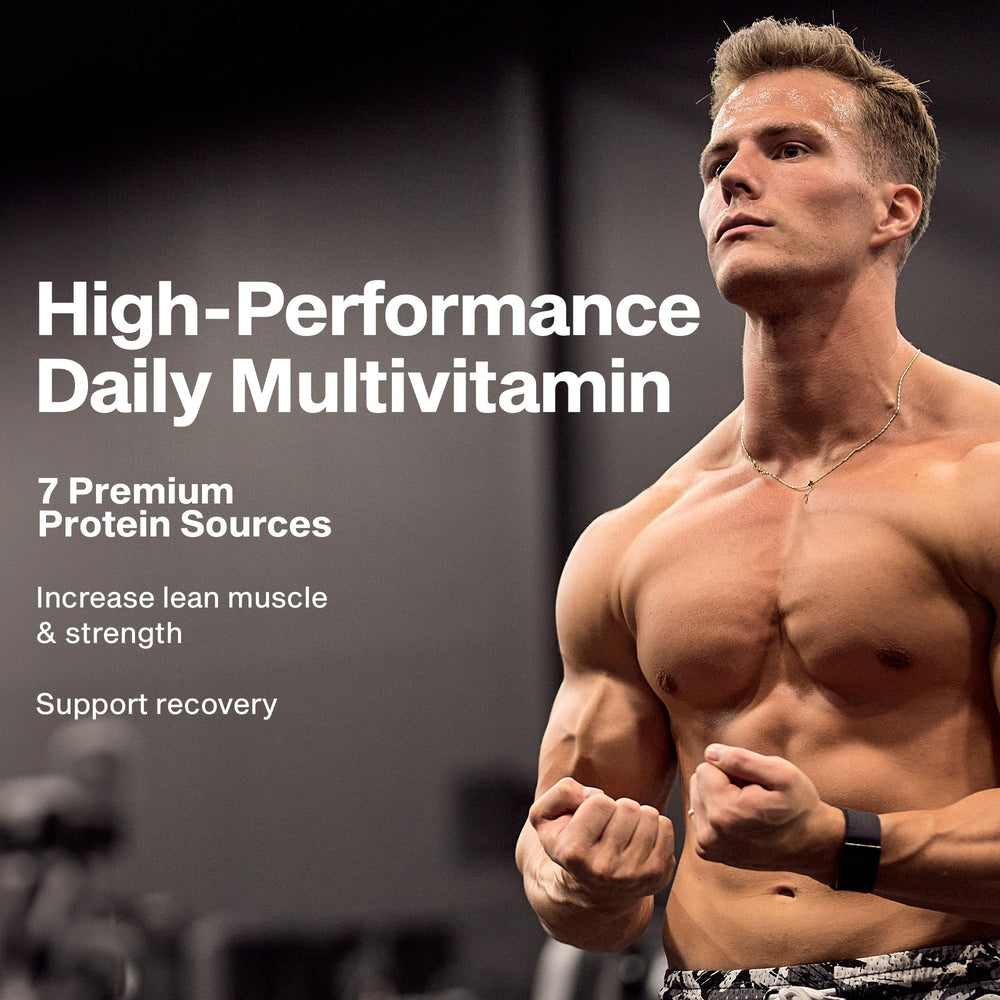 Close-up of MuscleTech Platinum Multivitamin bottle highlighting 18 vitamins and minerals.