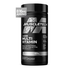 MuscleTech Platinum Multivitamin tablets on bottle for daily energy and nutrients.