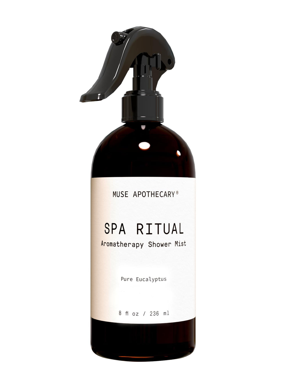 Muse Apothecary eucalyptus shower mist bottle pour highlights refreshing aroma for energizing mornings