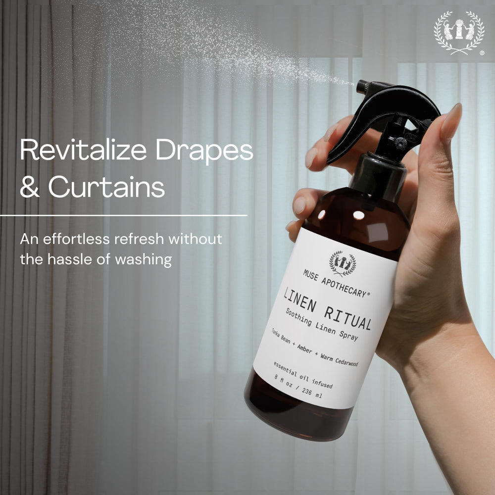Muse Apothecary Linen Ritual on bed linens creates a relaxing spa-like atmosphere